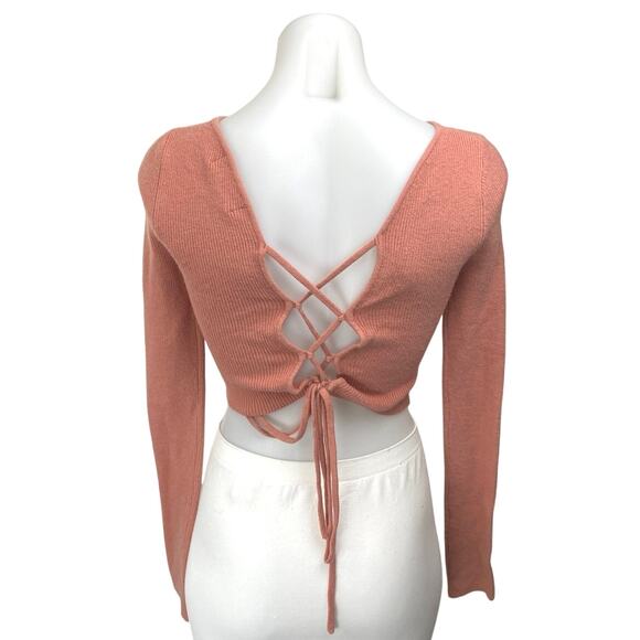 Urban Outfitters Pink Rib Knit Long Sleeve Lace Up Tie Back Crop Sweater Top S - Picture 2 of 4